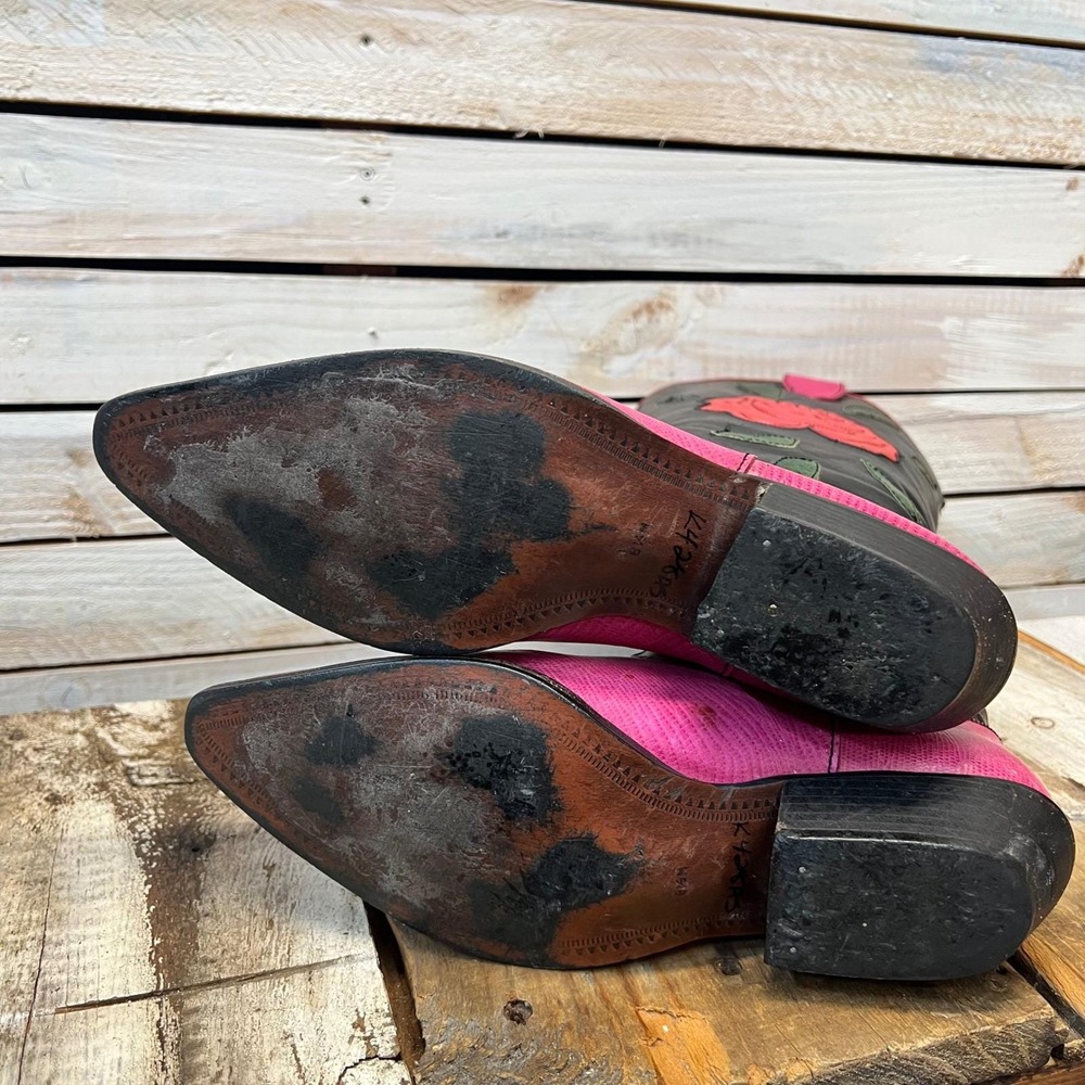 Vintage Nine West Pink Black Leather Rose Western Cowboy Boots 8.5M - Picture 5 of 11